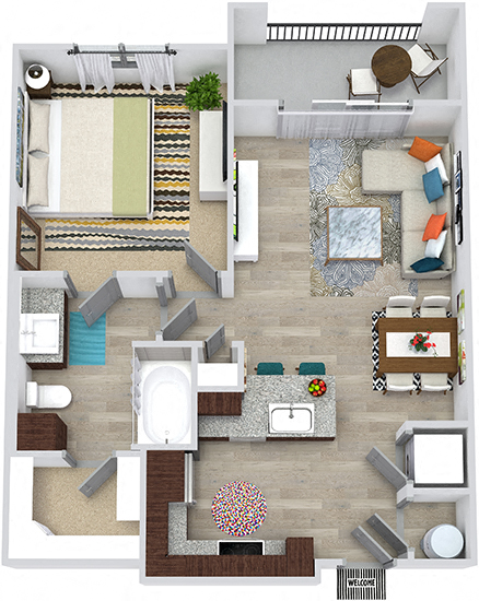 Floor plan for 1 bed, 1 bath, 690 sqft